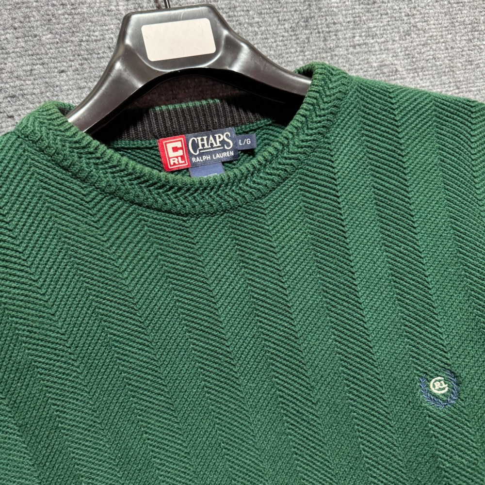 Chaps Ralph Lauren Knit Herringbone Green Crewneck Sweater Large Thick RL Logo‎